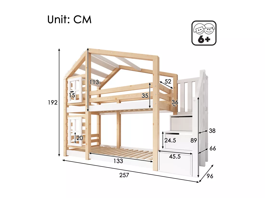 Lit superposé 90x200cm en bois massif - avec barrières anti-chutes et escalier de rangement - Naturel & Blanc