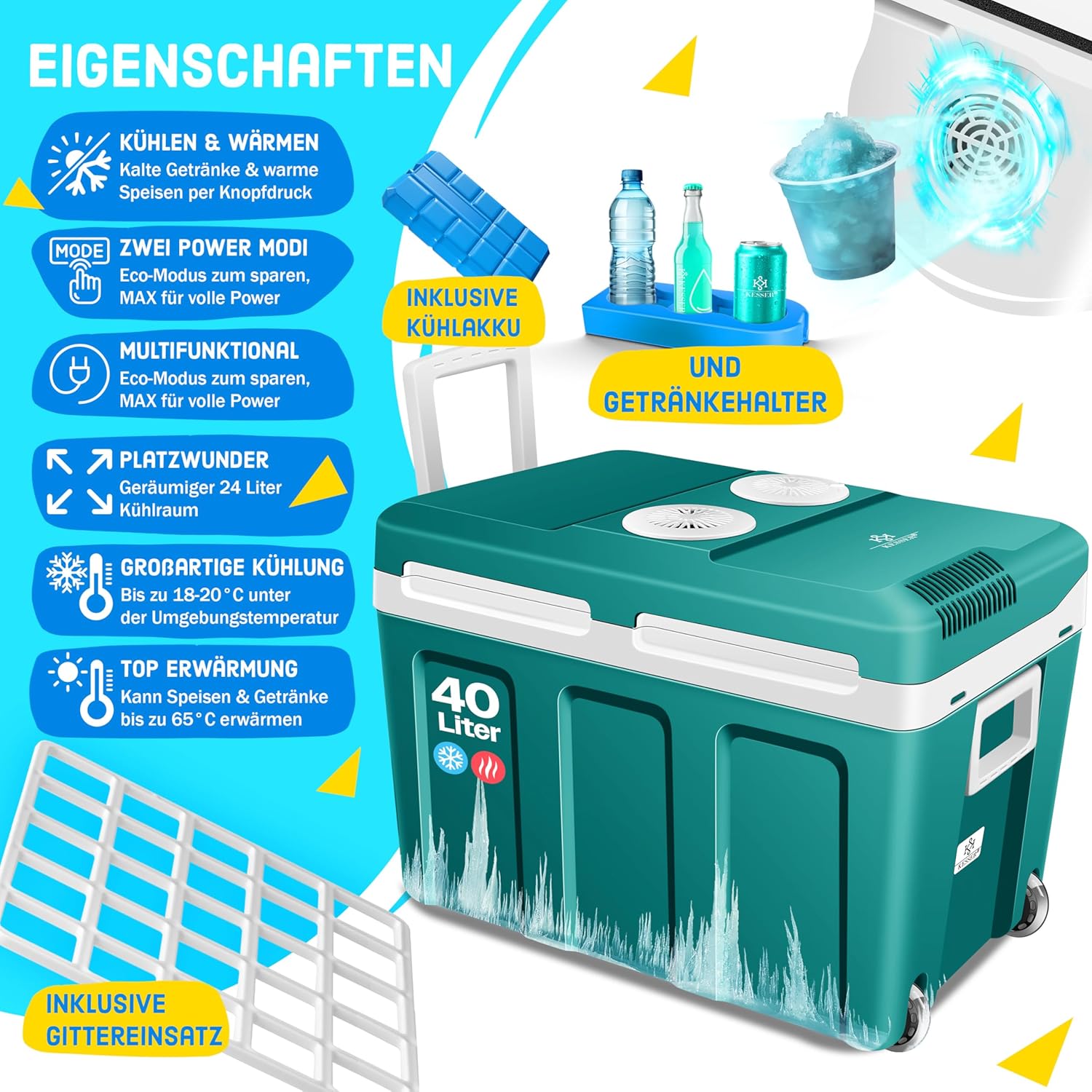 KESSER® Kühlbox 40L mit Rollen | Thermo-Elektrische Kühlbox | KÜHLT und WÄRMT | 12 & 230V | Thermobox für Auto, Boot & Camping | Mini-Kühlschrank mit ECO & MAX Modus