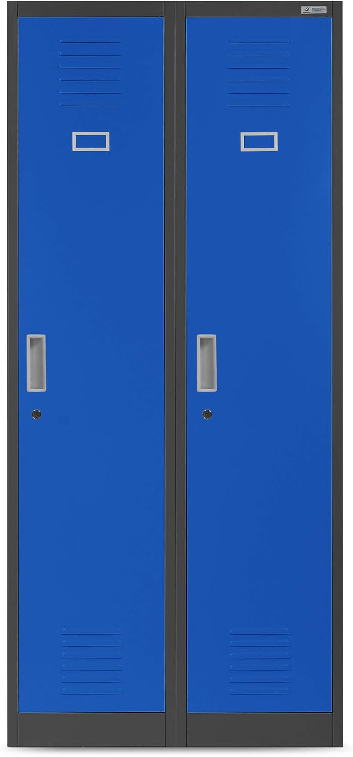 Jan Nowak Spind Schrank, Metallschrank, Schließfachschrank | 2 Abteile mit Kleiderstange, Trennwände, Lüftungsschlitze, 4 Kleiderhaken pro Abteil, Metall | 180 cm x 80 cm x 50 cm, Anthrazit/Blau