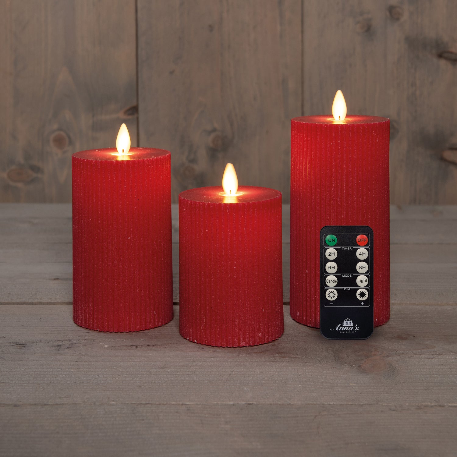 Anna's Collection LED stompkaars Rib met timer rood D 7,5 H 10 / 12,5 / 15 cm 3 stuks