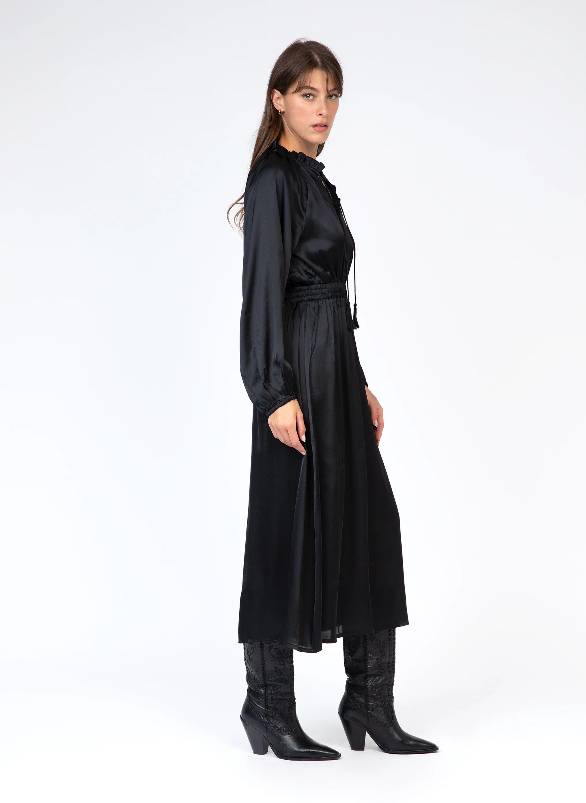 OXENCE - Robe midi col noué | Noir
