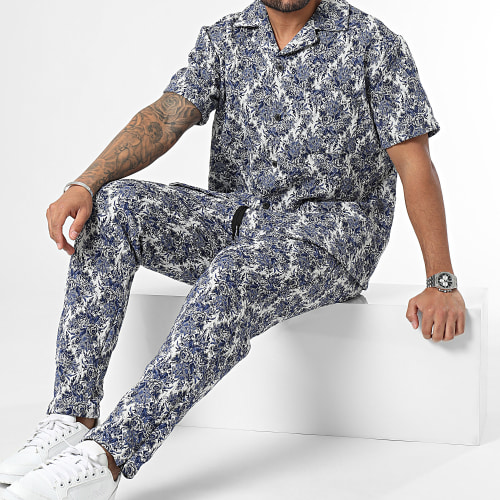 Ensemble Chemise Manches Courtes Et Pantalon Bleu Marine Blanc Floral
