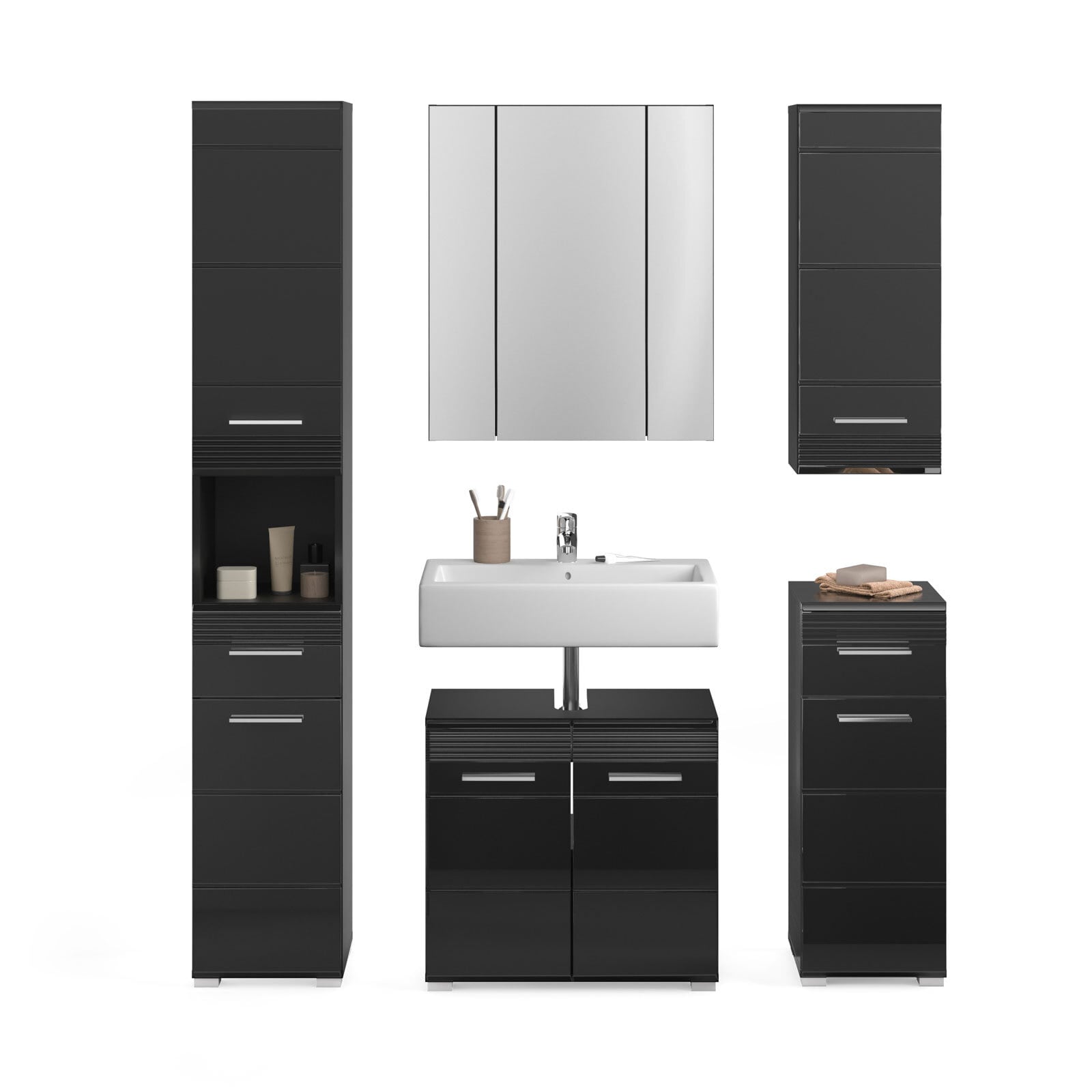 Badmöbelset Linus 5-teilig Schwarz Hochglanz 150x182x34 cm