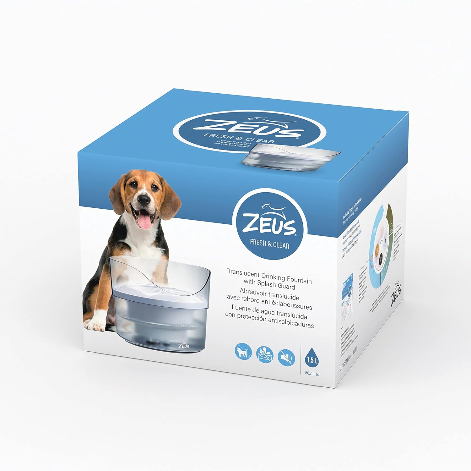 Fonte de água Zeus Fresh & Clear para cães com proteção contra respingos, 1,5 l