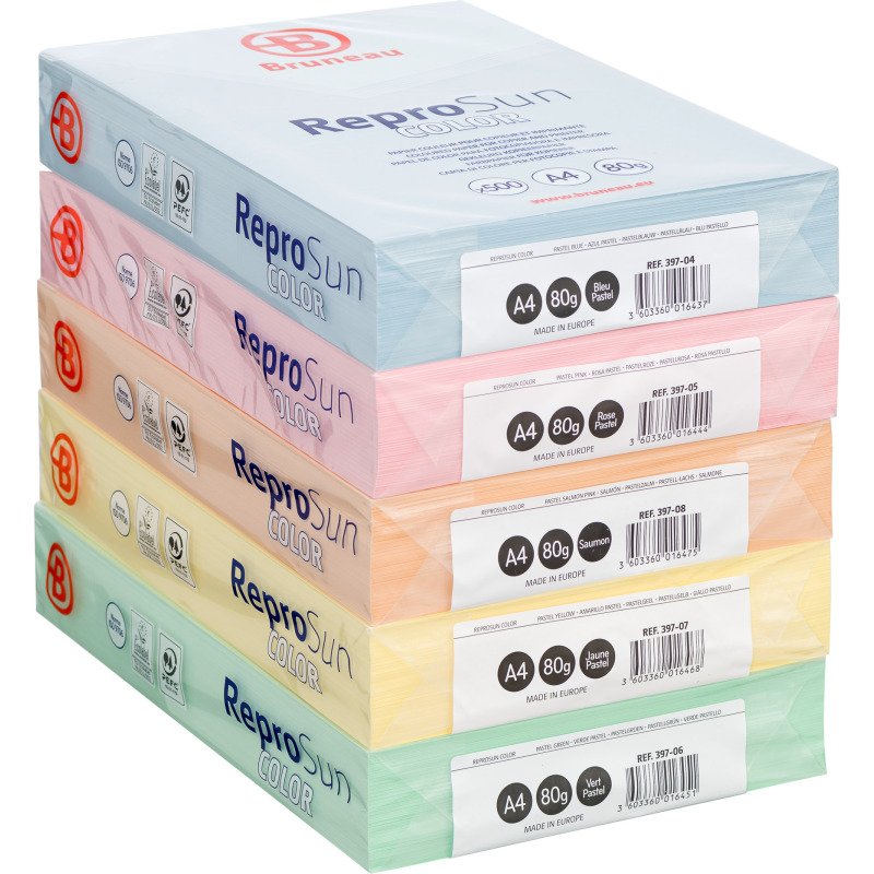 Papier couleur A4 80 g Bruneau Reprosun couleurs pastel - Carton de 5 ramettes de 500 feuilles