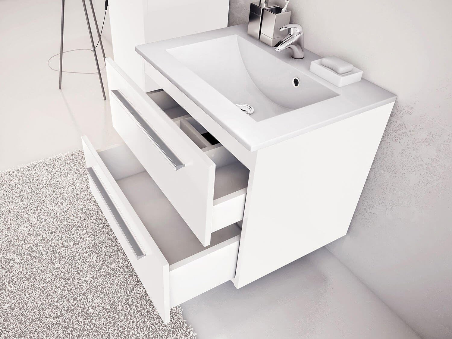 Sieper I Badmöbel Set Libato, Waschtisch mit Unterschrank 60 x 50 cm, Hochschrank und Badspiegel I Weiß
