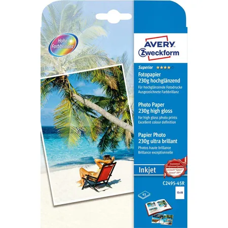 Avery Zweckform C2495-45R Superior Inkjet Fotopapier, 13 x 18, einseitig beschichtet, 230 g/m², 45 Blatt