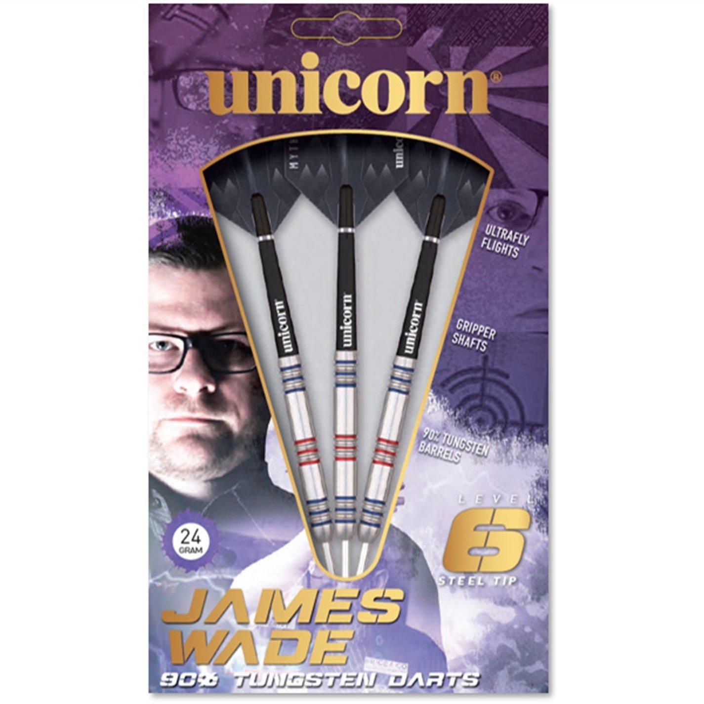 Unicorn Darts Steel Tip Darts Set | Level 6 James Wade | 90% Tungsten Barrels with Blue & Red Accents | 23g