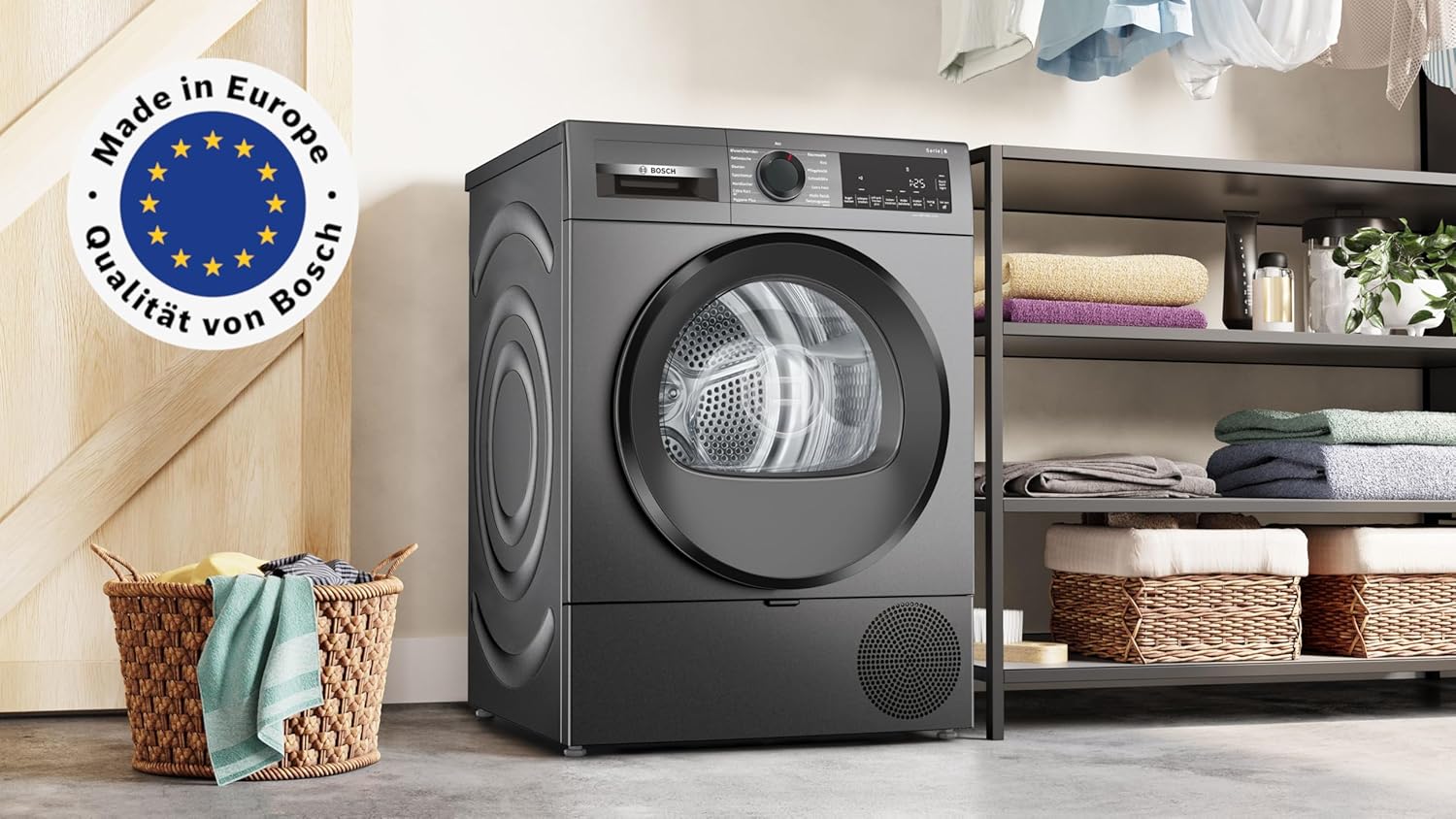 Bosch WQG243DR10 Serie 6, Wärmepumpentrockner 9 kg, Extra Kurz Trockenprogramm, Halbe Beladung Option, Auto Dry, Easy Clean Filter, Sensitive-Drying-System, Trommelreversierung, Innenbeleuchtung, Grau