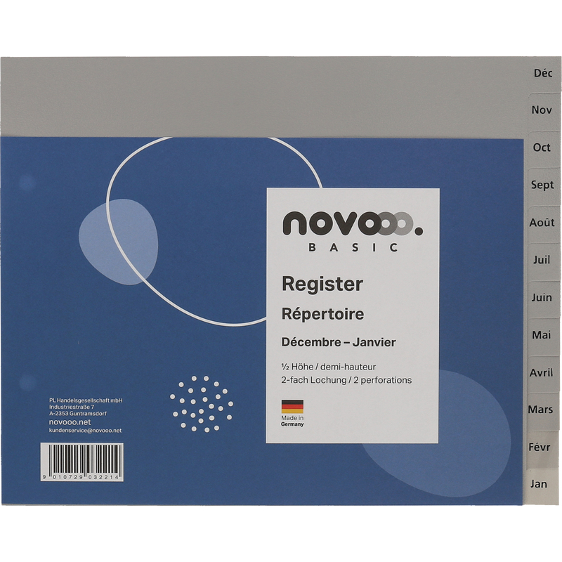 novooo Register Basic, grau, französisch, A4, halbe Höhe, Déc-Jan