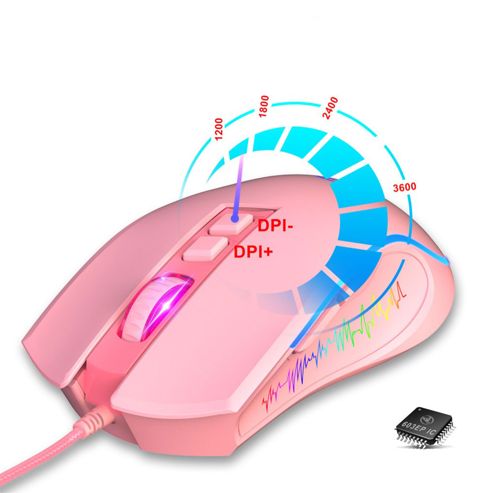 Optische kabelgebundene USB Gaming Maus 3600 DPI mit RGB Beleuchtung und 7 Tasten - Pink