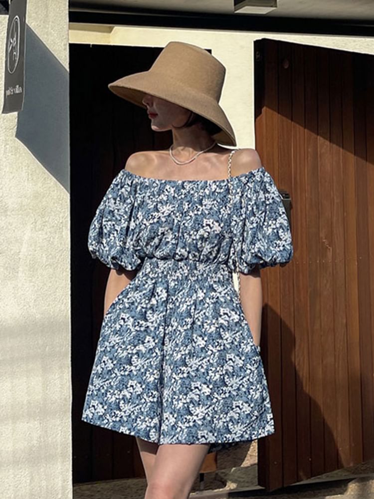 Coris - Romper met korte mouwen, off-shoulder bloemenprint en wijde pijpen
