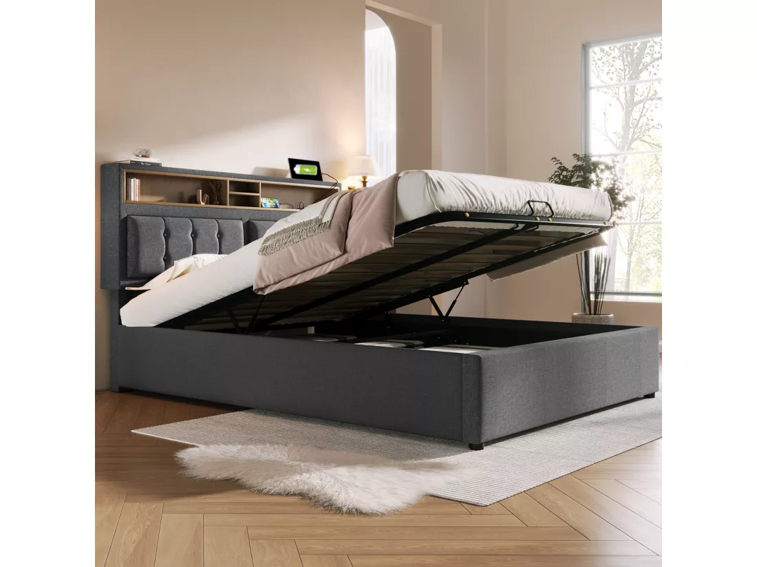 Lit coffre 140 x 200 cm avec tête de lit rangement - prise USB & C - tissu en lin - gris