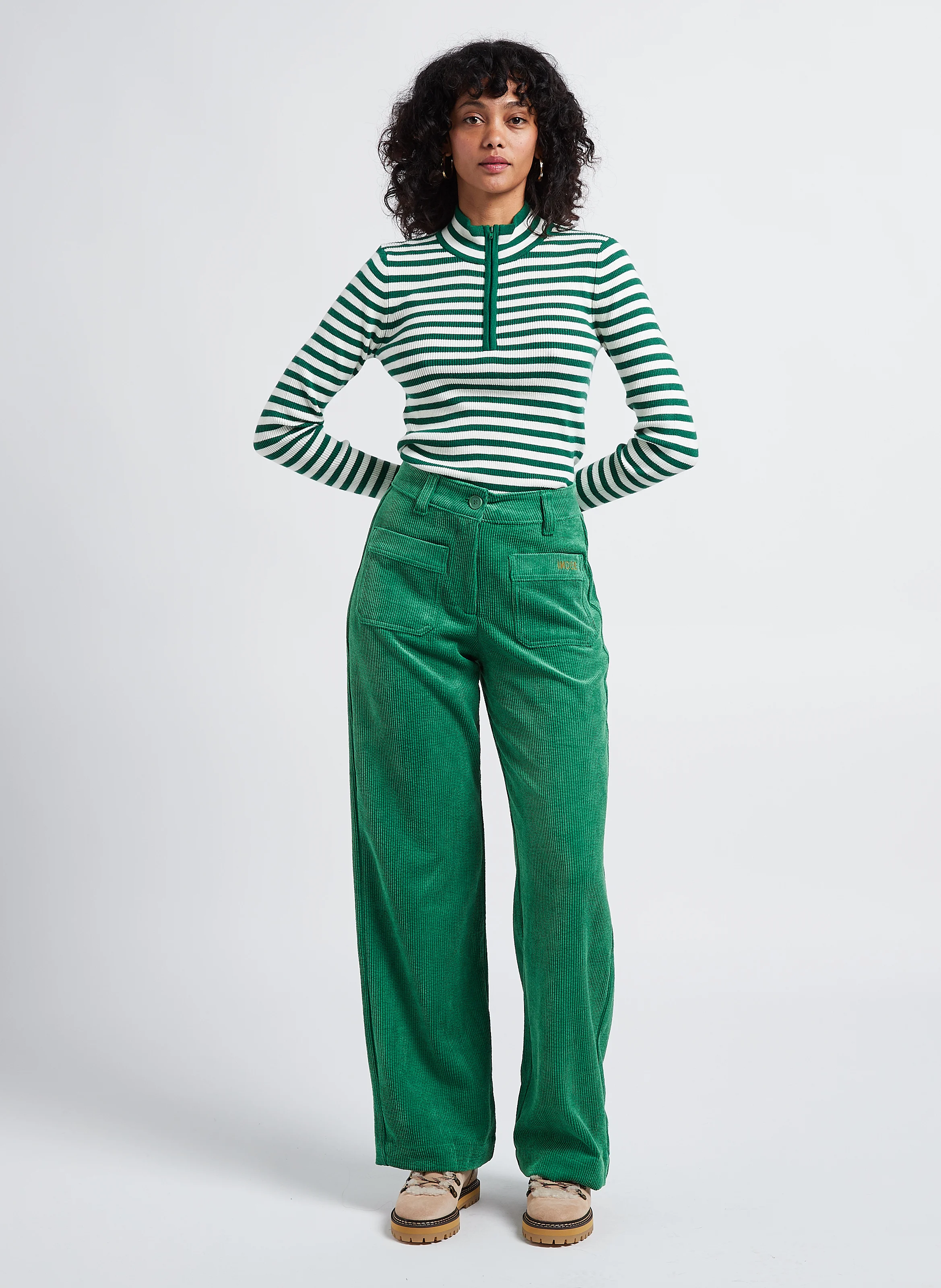 ONLY - Pantalon large taille haute côtelé | Vert
