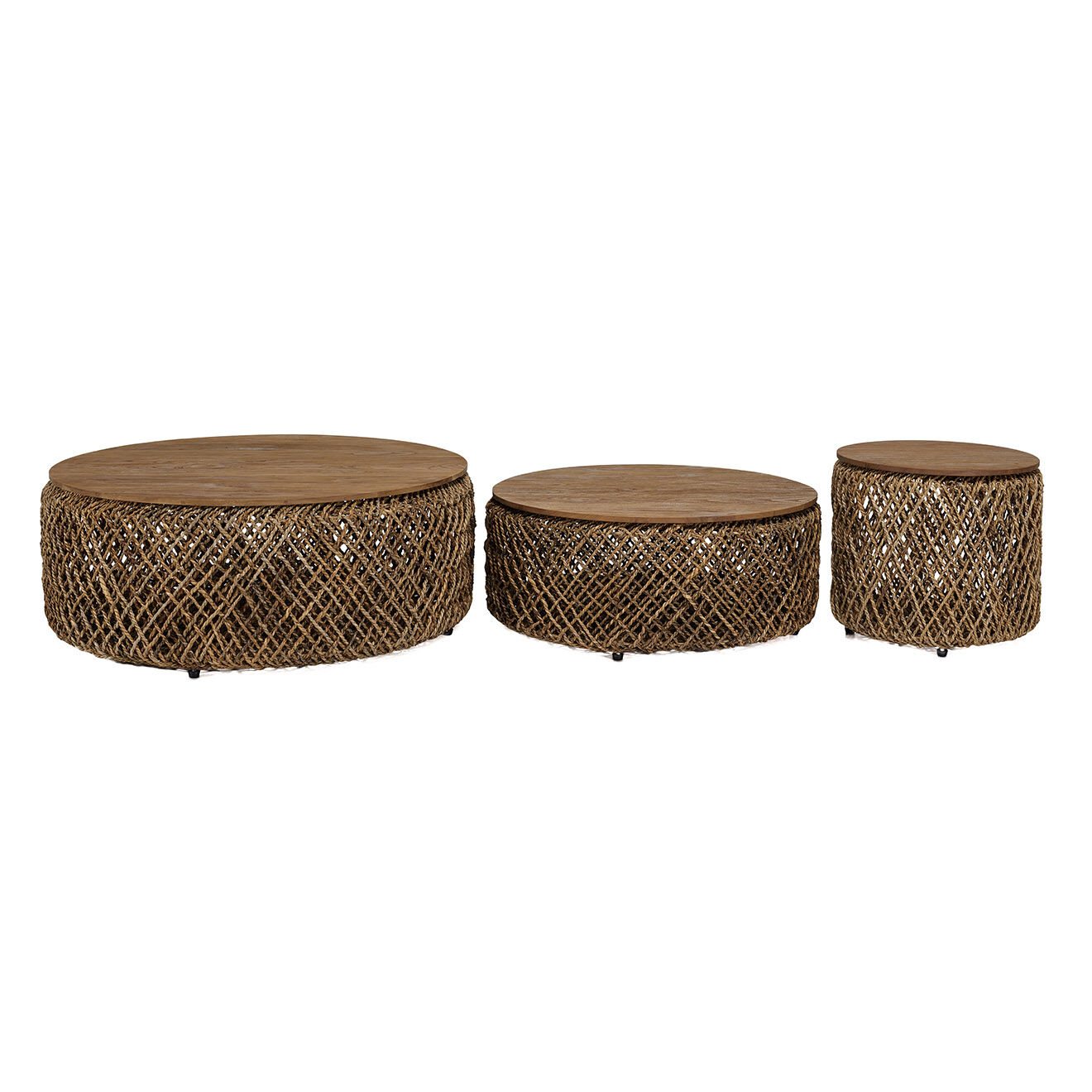 Macabane 3 Tables basses rondes en tissage de fibre de cocotier Sixtine bois