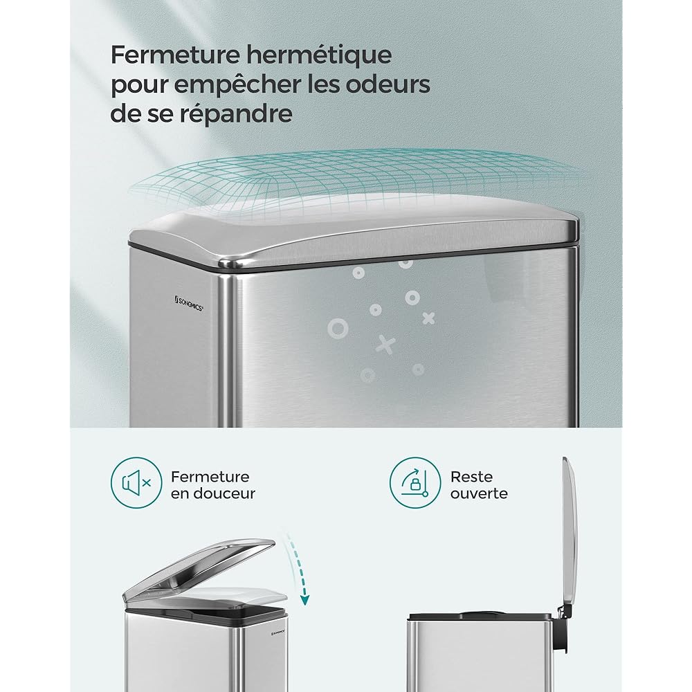 SONGMICS Poubelle de Cuisine 48L, Poubelle à Pédale, Fine, pour Petits Espaces, Couvercle à Fermeture en Douceur, avec Seau Intérieur, en Acier Inoxydable, 15 Sacs Poubelle Inclus, Argent LTB510E48 : Cuisine et Maison