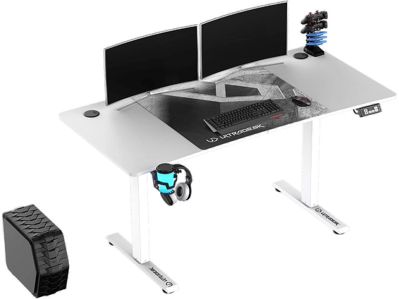 Ultradesk Gaming Tisch Level V2 Weiss Elektrisch höhenverstellbarer Gaming-Tisch für bis zu zwei Monitore