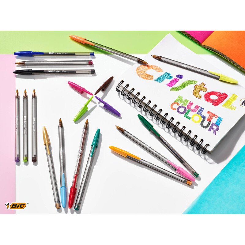 Stylo bille Bic Cristal Multicolour écriture large - Pochette de 15 couleurs assorties
