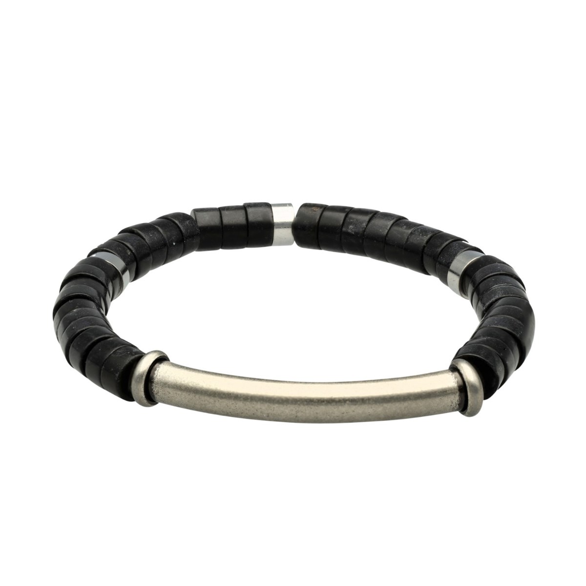 Bracelet Perles Heishi Pierres Naturelles Agate Noire Barre Acier-XS-14cm