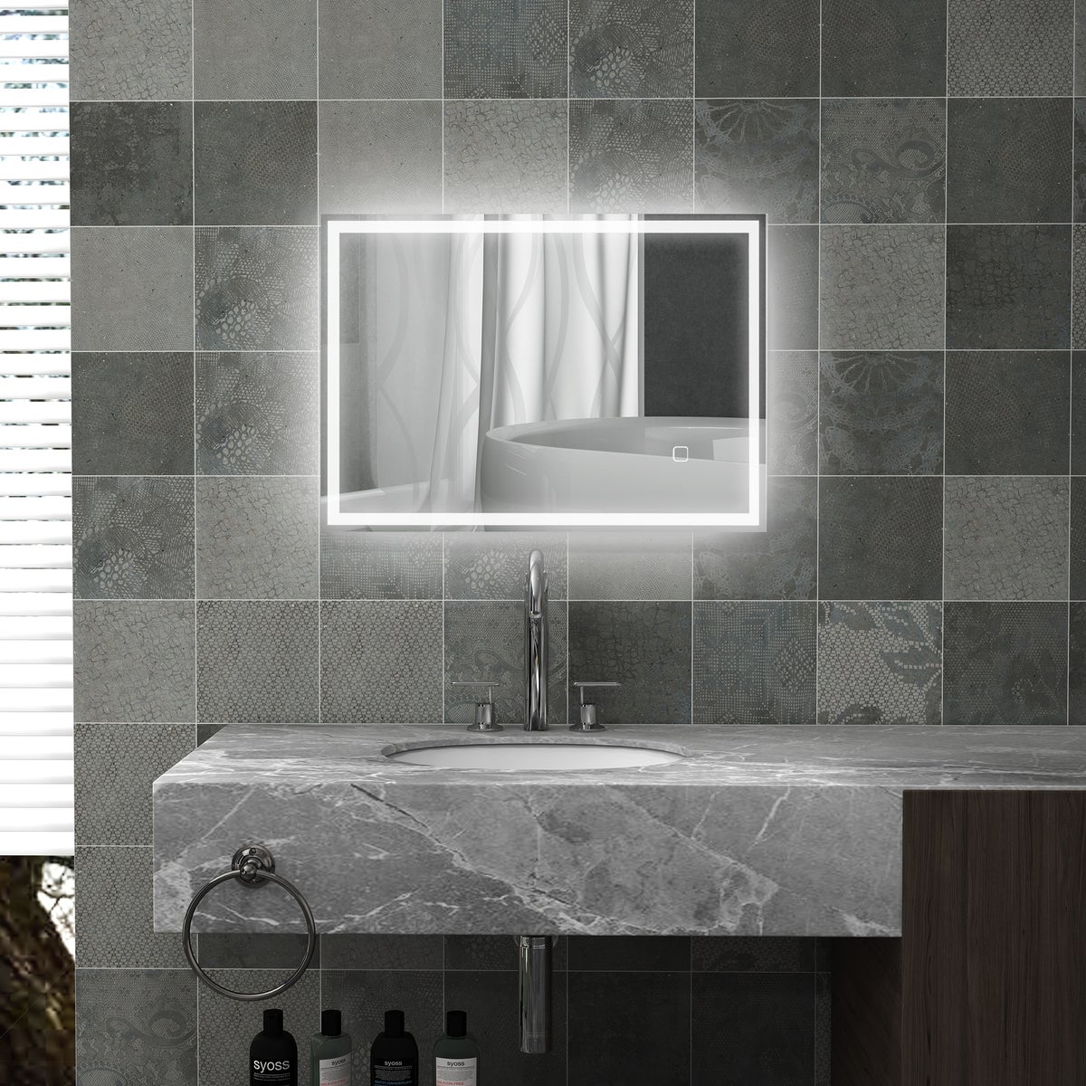 HOMCOM Badkamerspiegel, Badkamerspiegel met LED-verlichting, 70 x 50 cm Wandspiegel, Mistvrije lichtspiegel met aanraakschakelaar, IP44
