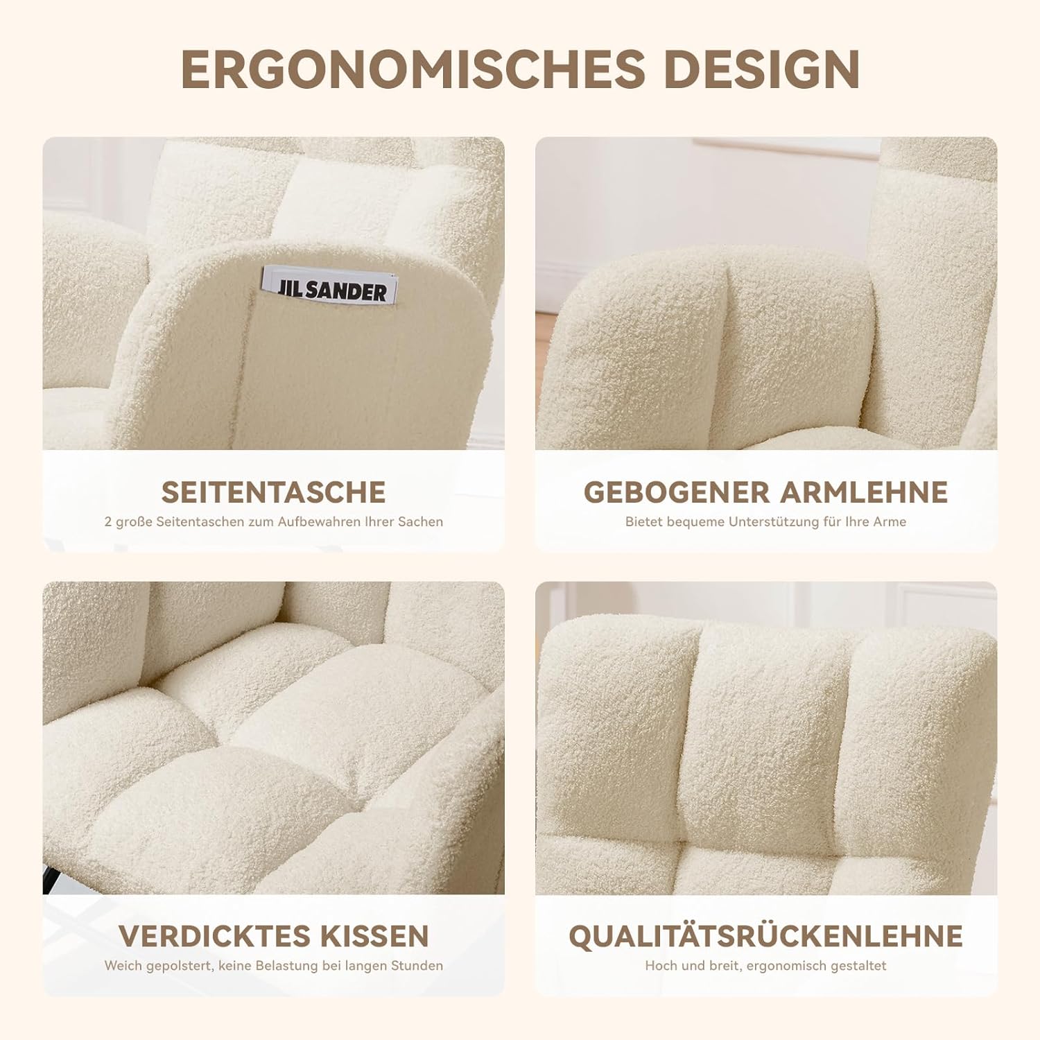 COMHOMA Schaukelstuhl, Relaxsessel mit Armlehnen, Ohrensessel aus Teddy-Plüsch Schaukelsessel, bis 150 kg belastbar, sonnenliege gartenliege für Schlafzimmer, Wohnzimmer, Stilvolles Design Beige