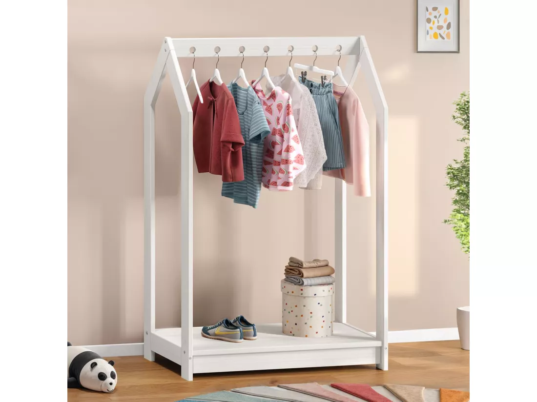 Portant Enfant SALLY en Pin Massif, Dressing Enfant avec Tringle à Vêtements, Penderie Enfant Montessori, Blanc