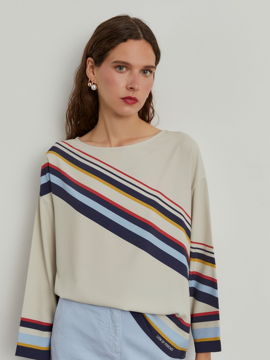 Blusa fluida de manga comprida às riscas
