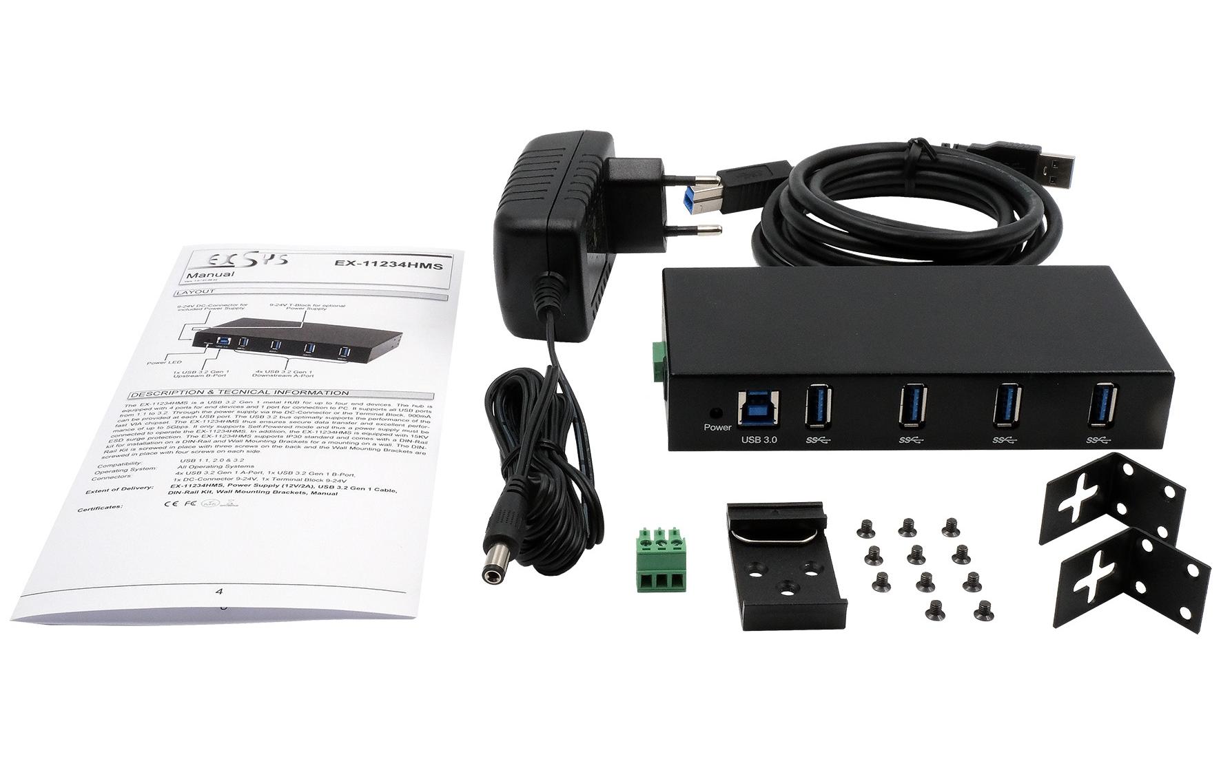 USB-Hub EX-11234HMS4-Port USB 3.0 HUB für Tisch, Wand- und DIN-Rail Montage