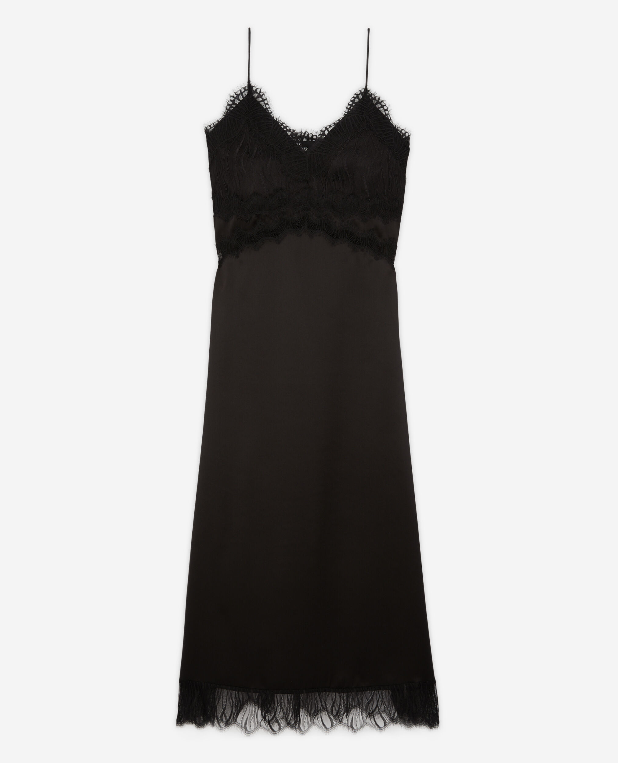 Robe nuisette longue en soie noire avec détails en dentelle