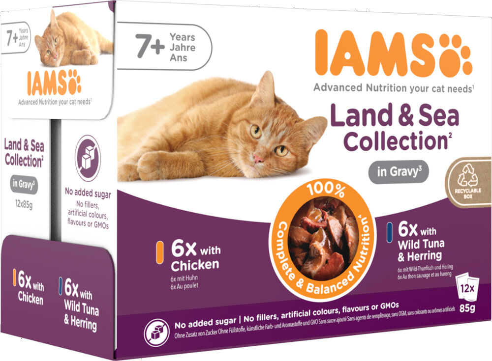 IAMS Delights Land & Sea Collection Senior - Kattenvoer - 12x85 gram - 1020 Gram - vis, kip