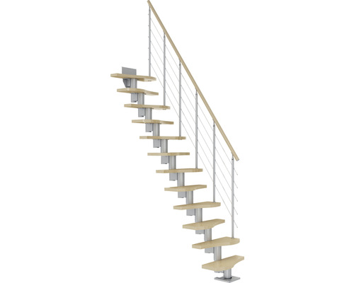 Pertura middentrap, ruimtebesparende trap Vaia, parelgrijs, variabel, kwartslag, links/rechts onder, recht, 64 cm, balustrade, esdoorn gelamineerd hout, gelakt, 11 treden / 12 stootborden