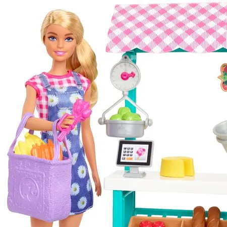 Barbie „Spaß auf dem Bauernhof“ Bauernmarkt Spielset, Barbie-Puppe (blond), Marktstand,für Kinder ab 3 Jahren Blumen, für Kinder ab 3 Jahren