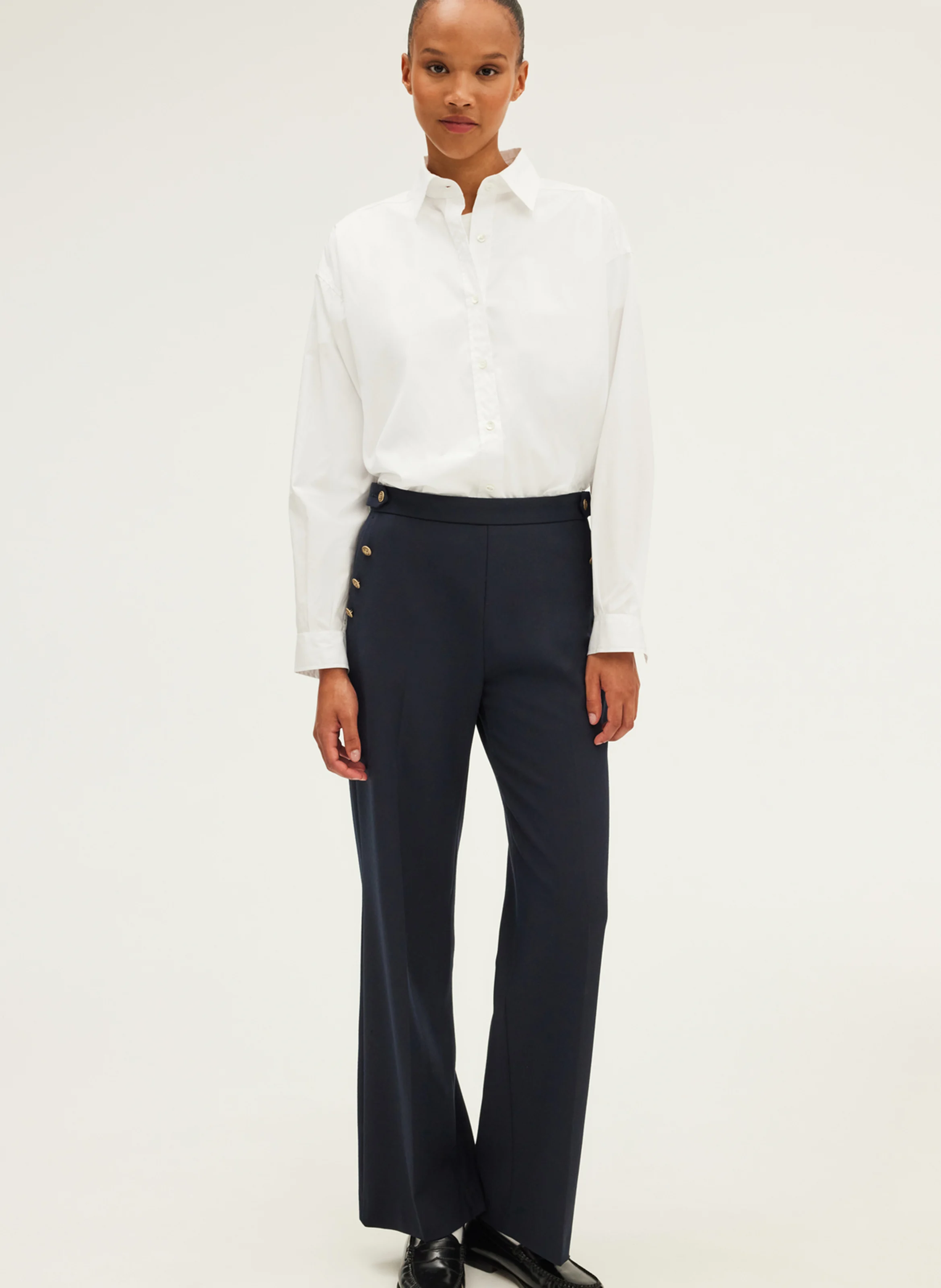 NELCIE - Pantalon large à pont et boutons | Bleu