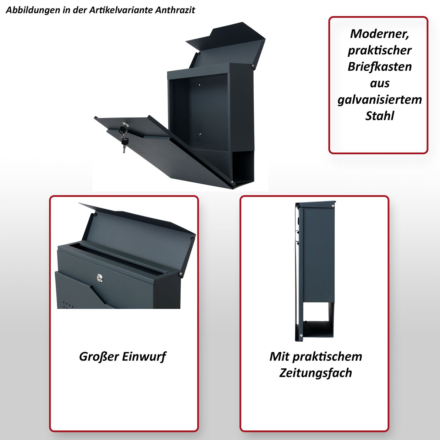 Briefkasten MCW-B30, Wandbriefkasten Postkasten Zeitungsfach, pulverbeschichtet ~ anthrazit