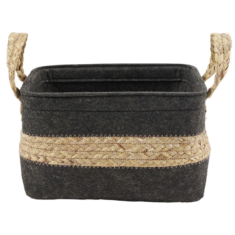 Panière en jonc de mer noir avec bande déco naturel - 25x23xH25 cm