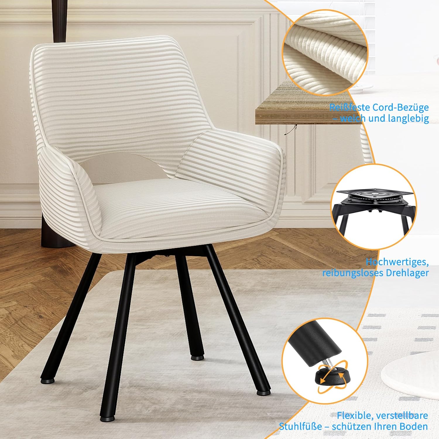 Esszimmerstühle 6er Set Drehbar 360°,Armlehnstuhl mit Metallbeine,geeignet als Stühle Esszimmer,Samt Stuhl,Küchenstühle,Wohnzimmerstuhl,Polsterstuhl mit Samtigem Gefühl,Beige