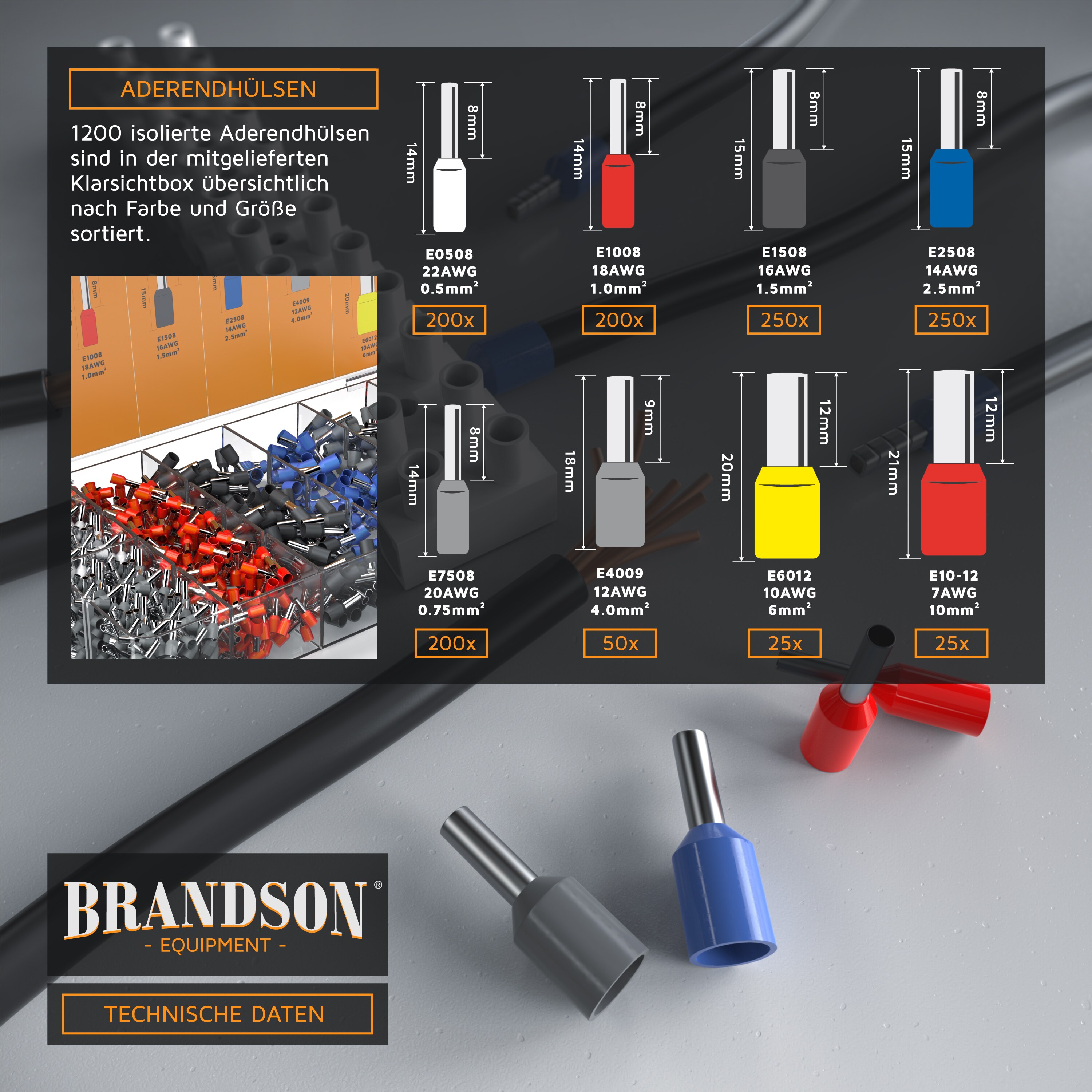 Brandson Crimpzange inkl. 1200 Aderendhülsen- Set - Profi Isolierhülsen Sortiment - Aderendhülsenzange - 0,25 mm2-10mm2