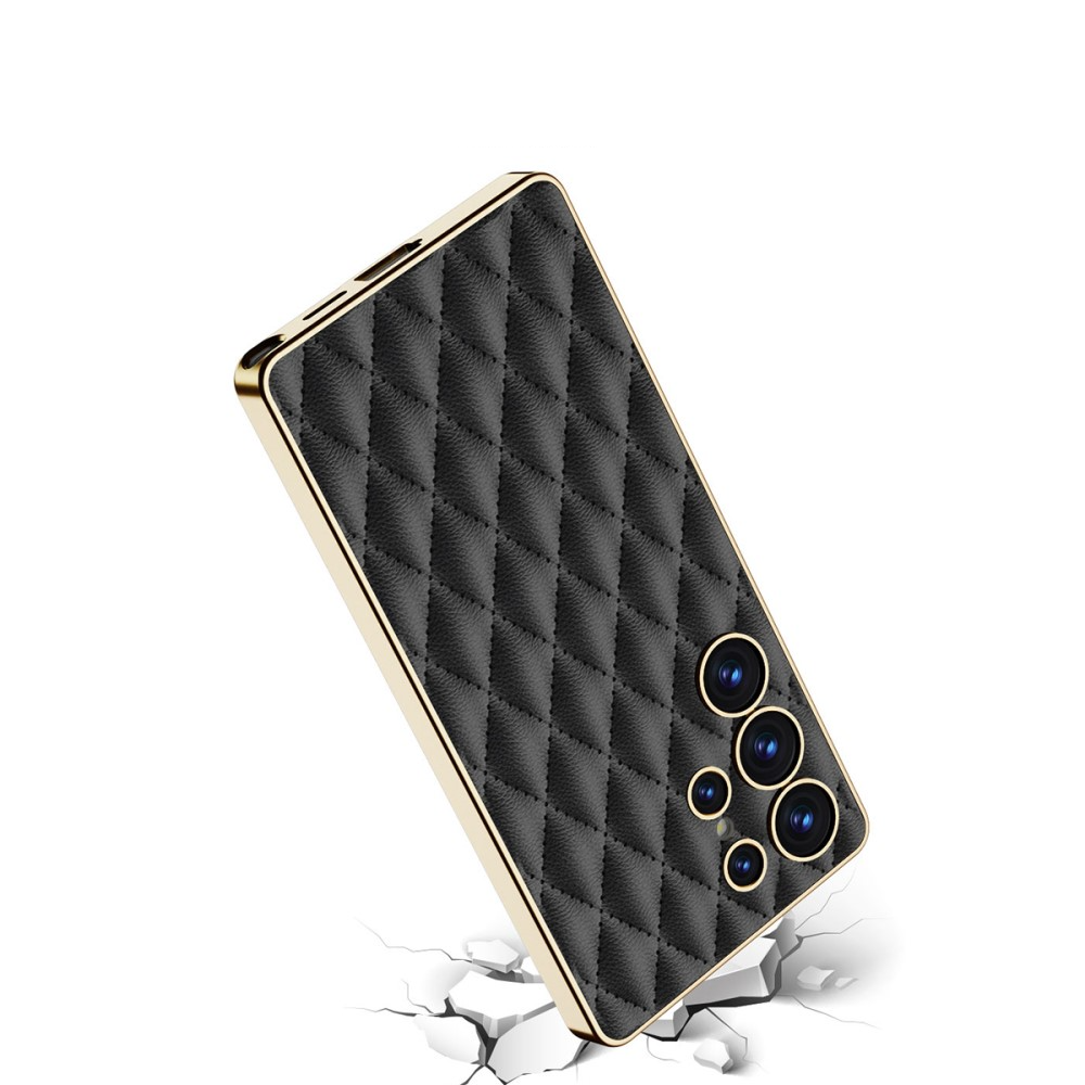 Samsung Galaxy S25 Ultra Leder Hardcase Hülle mit Galvanisiertem Rahmen   Kameraschutz Steppmuster - Lila / Gold