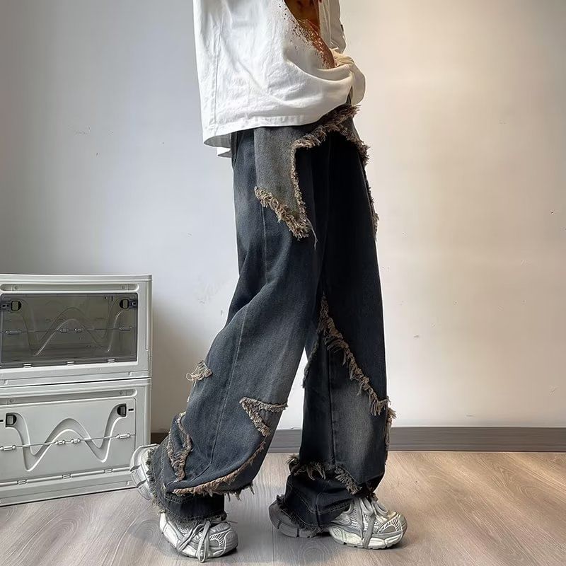 DuckleBeam - Hoge taille jeans met sterrenapplicatie en wijde pijpen