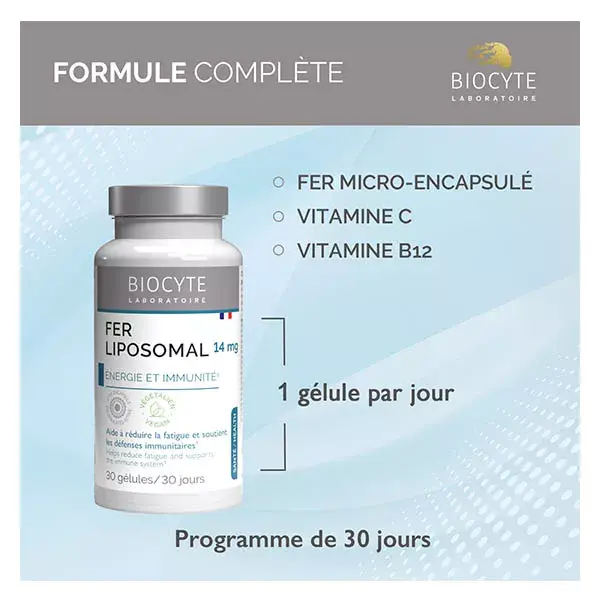 Biocyte Liposomal Ferro Energia e Imunidade Ferro Vitamina C Vitamina B12 30 Cápsulas