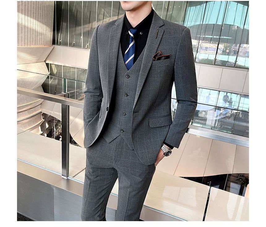 Deepwood - Set: Geruite blazer met één knoop + V-hals vest met knoopjes + pantalon