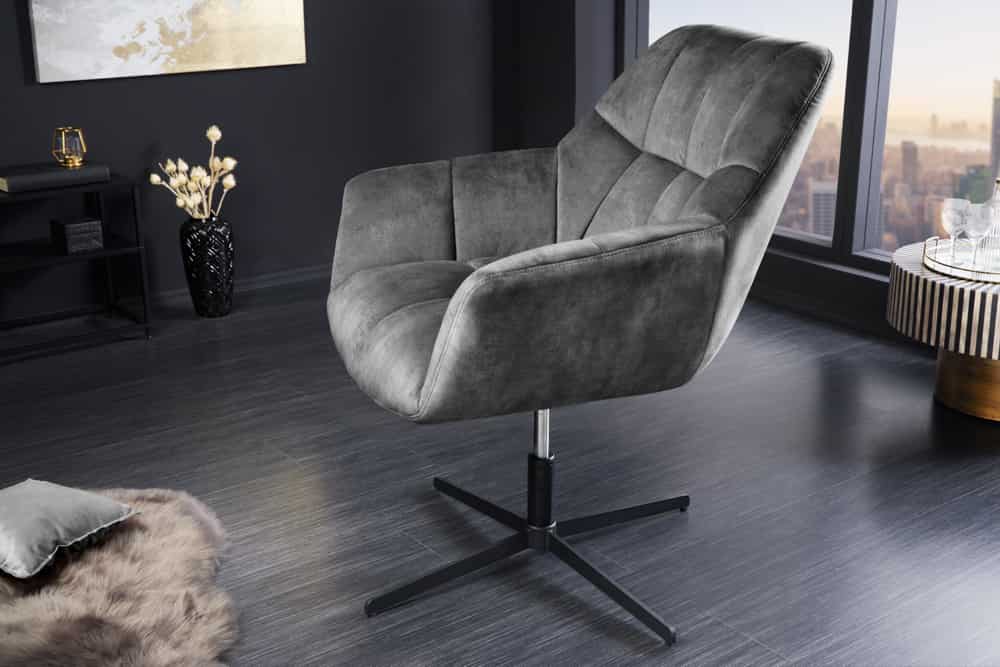 Drehbarer Sessel PAPILLON grau Samt schwarz Metall höhenverstellbar mit Armlehne