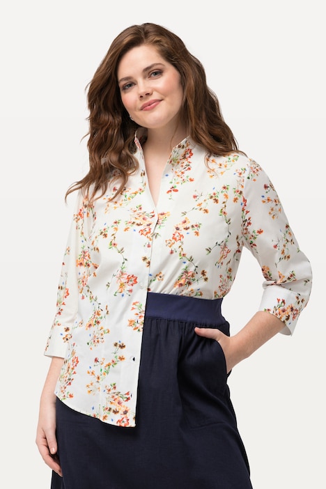 Bluse, Blüten, Kelchkragen, 3/4-Arm