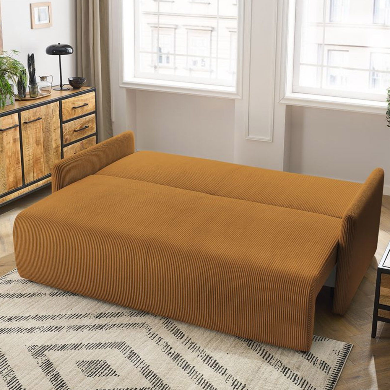 Bobochic Canapé convertible coffre marcel velours côtelé jaune  - 211x100x86 cm