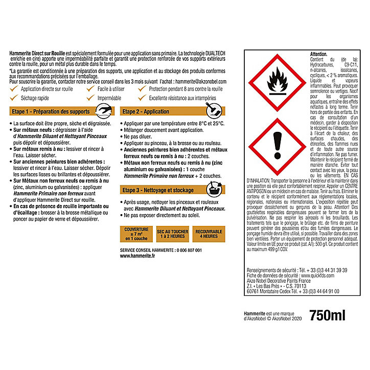 Peinture extérieure métal direct sur rouille Hammerite brillant laqué blanc 0,75L