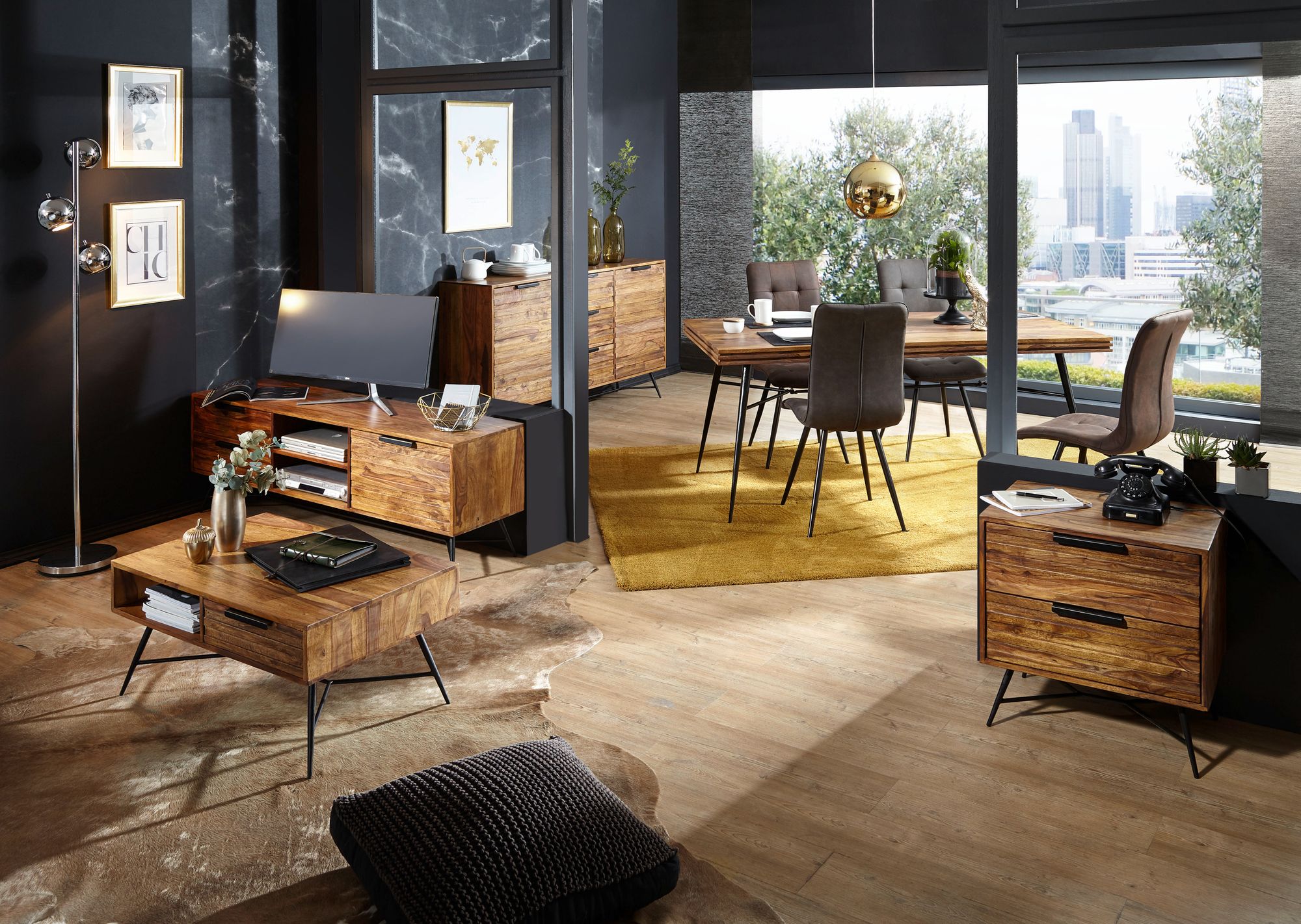 KADIMA DESIGN Lowboard NISHAN, Sheesham Massivholz, 160x54x40 cm, Industrial Design