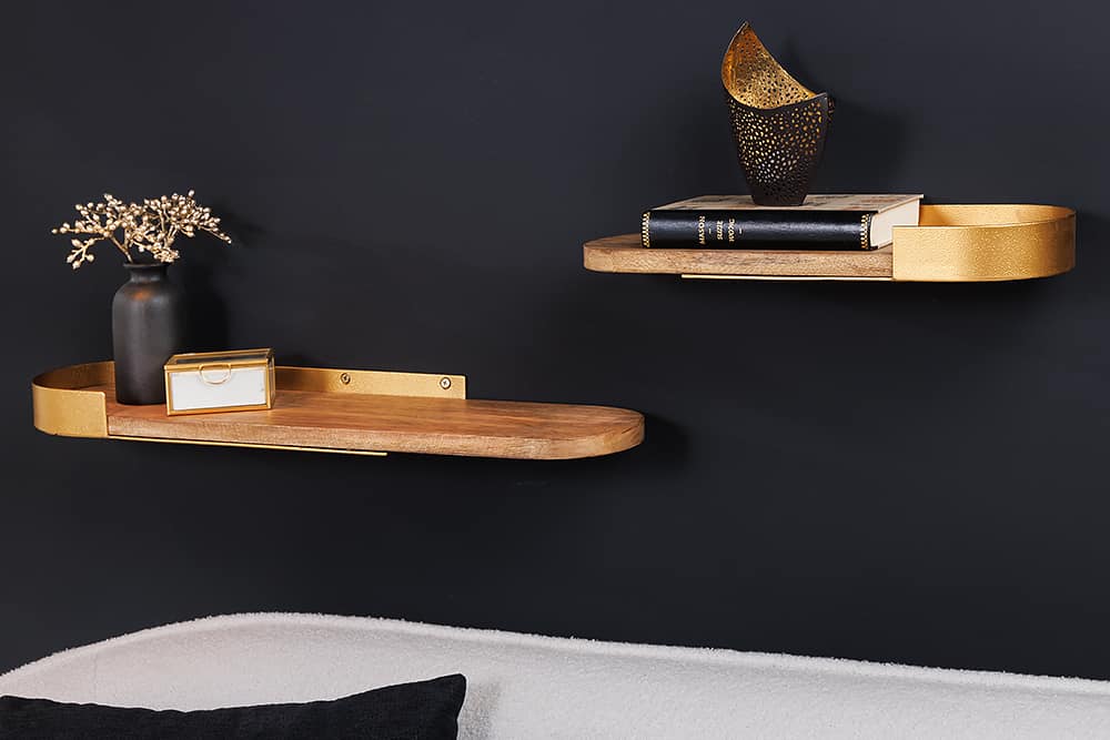 Modernes 2er Set Wandregal PURE NATURE 60cm gold Mangoholz massiv Metall handmade