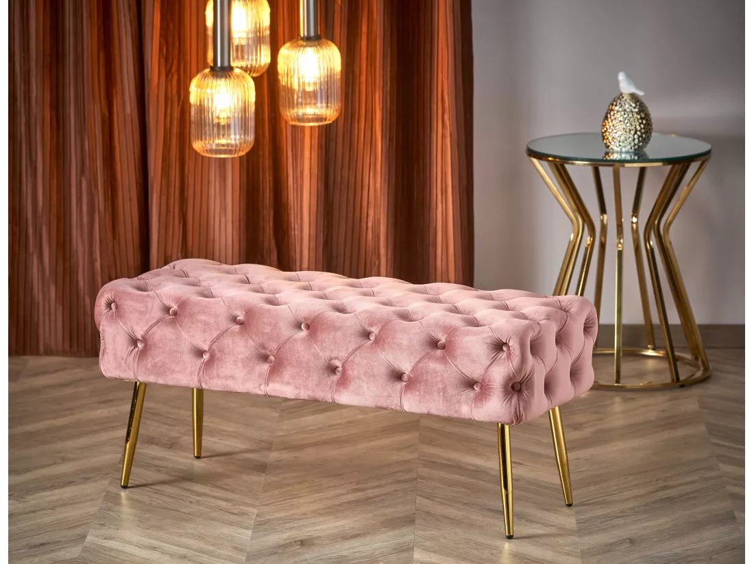 Banc capitonné en velours rose avec pieds dorés en métal PAOLA