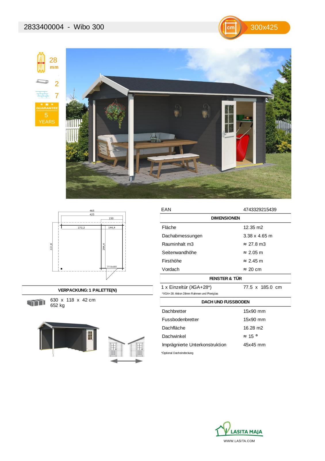 Gartenhaus WIBO - carbongrau - Fichte massiv - 425/144x300 cm