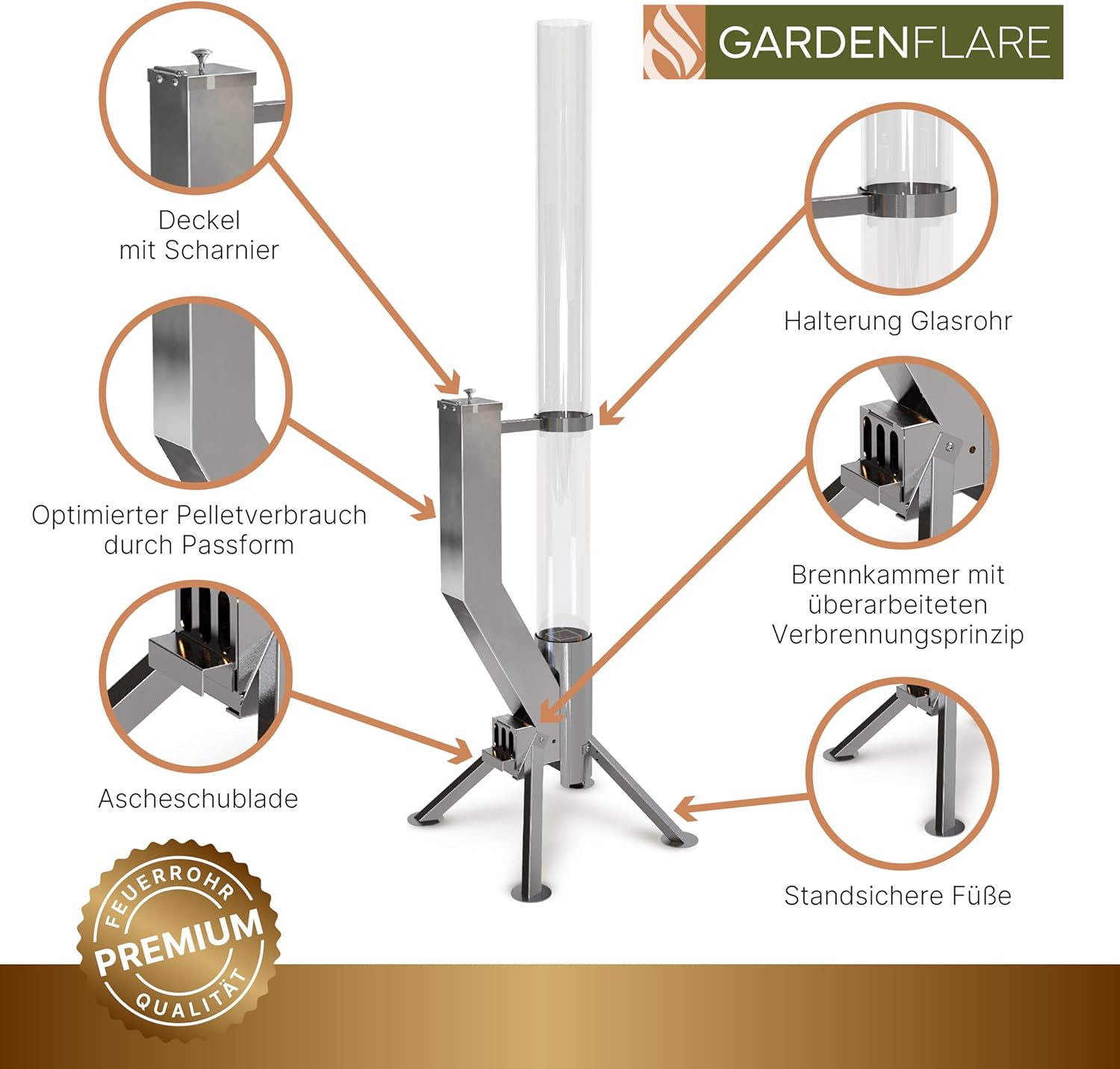 Feuerrohr Premium – Große Edelstahl Pelletfackel mit Flamme bis 1,5m & Reinigungsbürste inklusive, Feuersäule für Garten & Terrasse - Dein Nachhaltiges Outdoor Ambiente Feuer (Silber)